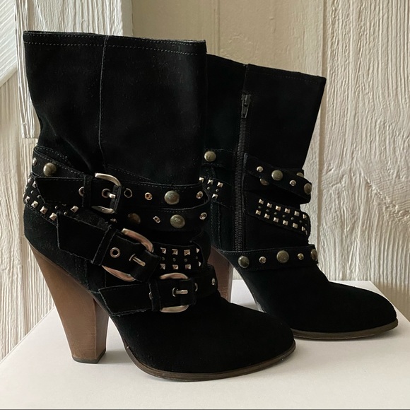 Steve Madden Black Studded Suede Rustik Boots with Chunky Block Heel Size 8.5M - Picture 2 of 16